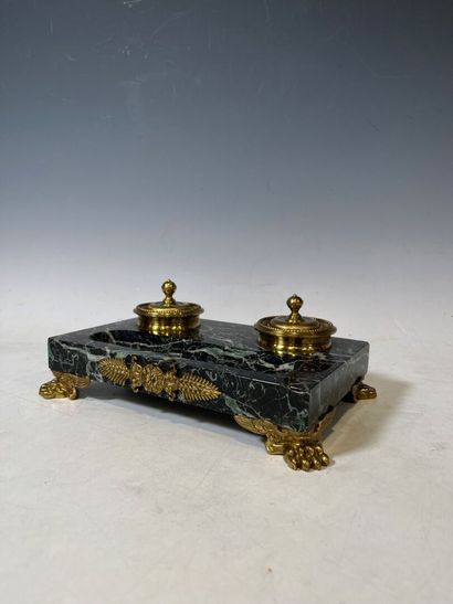 Gilt bronze and green veined marble inkwell...