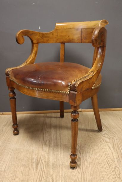 Carved wood desk armchair, leather seat....