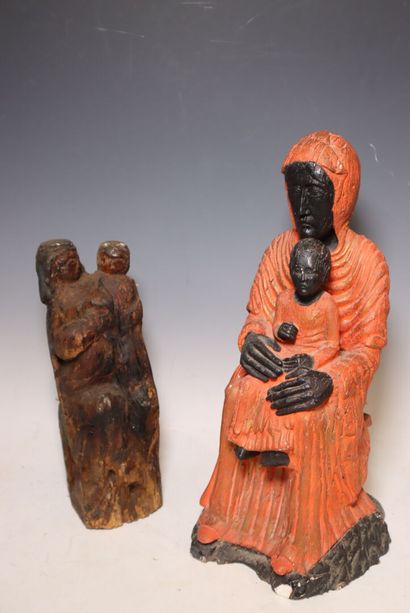 Two Virgin and Child, one in carved wood...