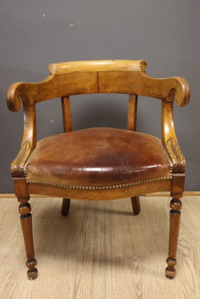 Carved wood desk armchair, leather seat....