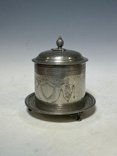 English silver-plated covered cookie tin...