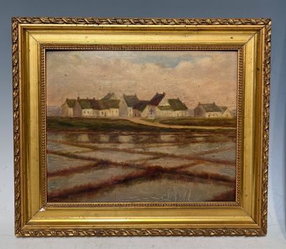 Oil on panel depicting a village bordering...