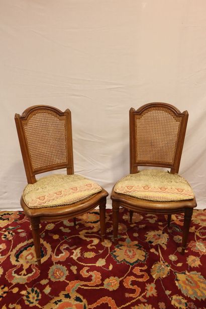 Pair of caned chairs in natural wood, fluted...