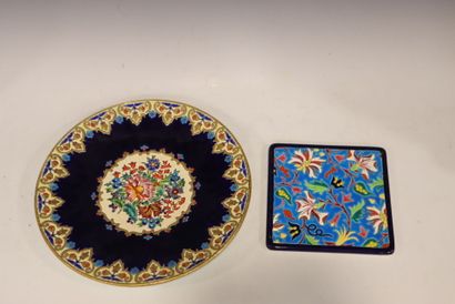LONGWY: large round enamelled dish with flower...