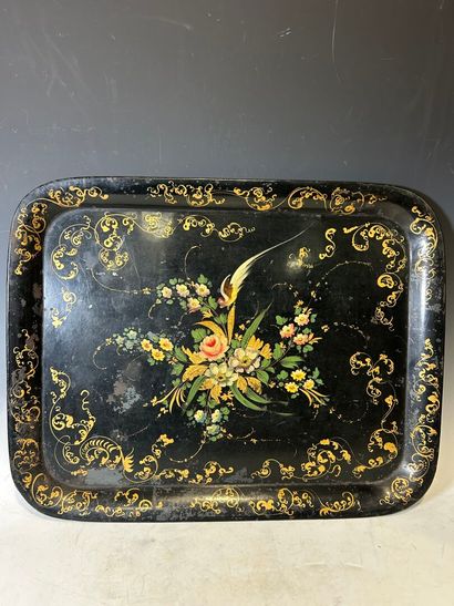 Black lacquered metal tray with floral design...