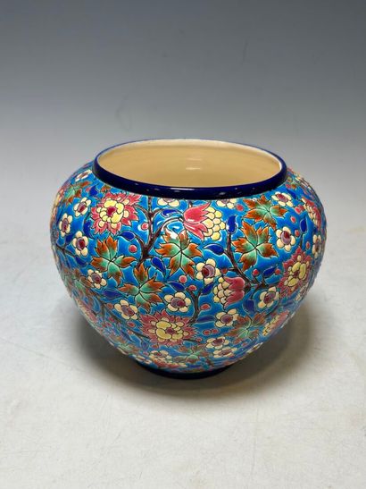 LONGWY. 
Earthenware ball vase with enameled...