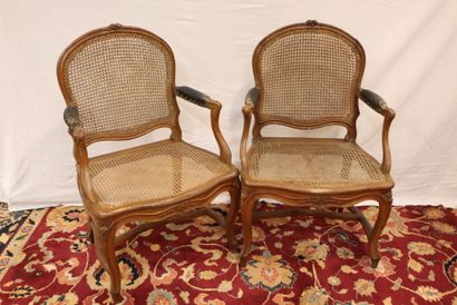 Pair of natural wood tapered caned armchairs,...