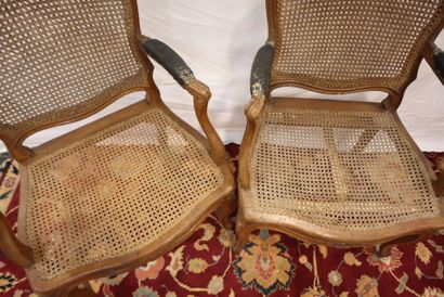 Pair of natural wood tapered caned armchairs,...