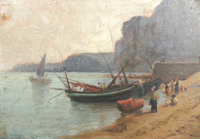 HELLER (?). Barques sur la grève. Huile sur...