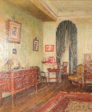 ROLLAND MORIN. Intérieur bourgeois. Peinture...