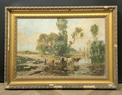 Fernand LUTSCHER (1843-1923). Vaches près...