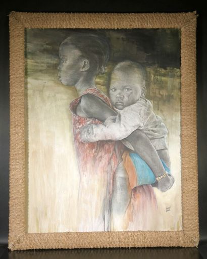 Benoît DABIN. Deux jeunes Africains. Panneau....