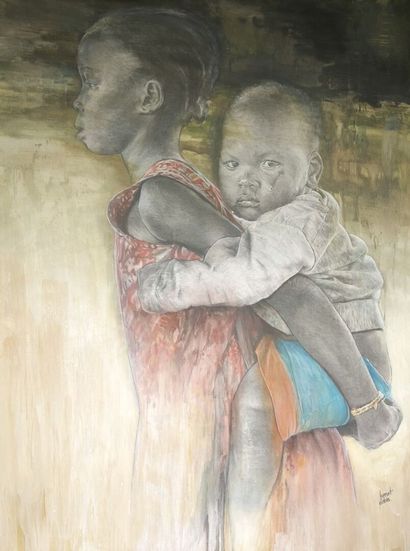 Benoît DABIN. Deux jeunes Africains. Panneau....