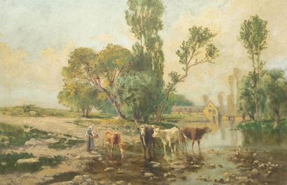 Fernand LUTSCHER (1843-1923). Vaches près...