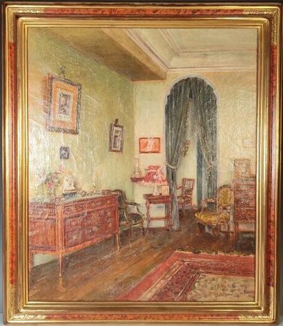ROLLAND MORIN. Intérieur bourgeois. Peinture...
