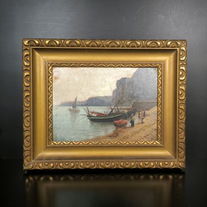 HELLER (?). Barques sur la grève. Huile sur...