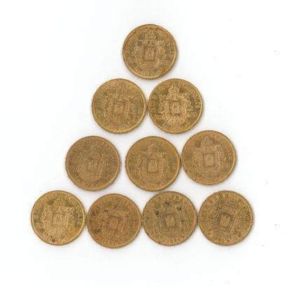 10 gold coins : 20 FF Napoléon III tête laurée...