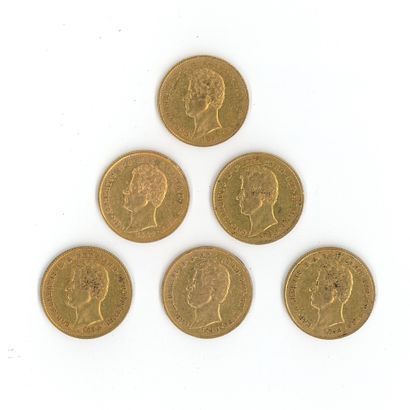 6 monnaies or : 20 Lires Charles Albert flanc...