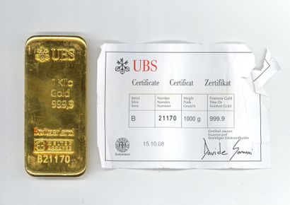 Lingot d'or UBS n° B21170, avec son bulletin...