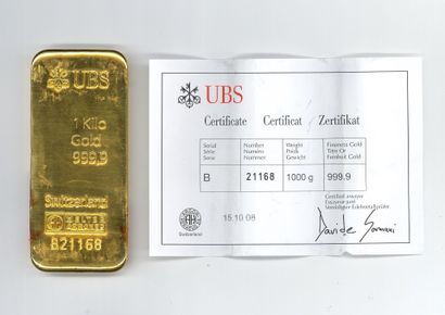 Lingot d'or UBS n° B21168, avec son bulletin...