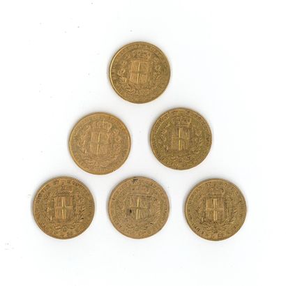 6 monnaies or : 20 Lires Charles Albert flanc...