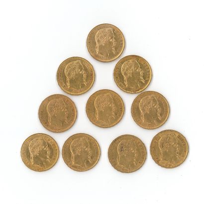 10 gold coins : 20 FF Napoléon III tête laurée...