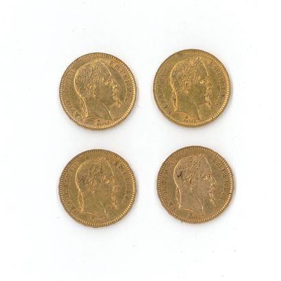 4 gold coins: 20 FF Napoléon III tête laurée...