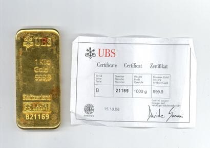 Lingot d'or UBS n° B21169, avec son bulletin...