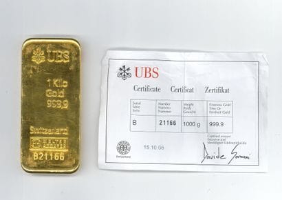 Lingot d'or UBS n° B21166, avec son bulletin...