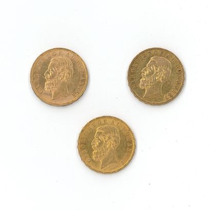 3 monnaies or : 20 Lei Roumanie Charles Ier...