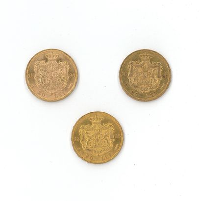 3 monnaies or : 20 Lei Roumanie Charles Ier...