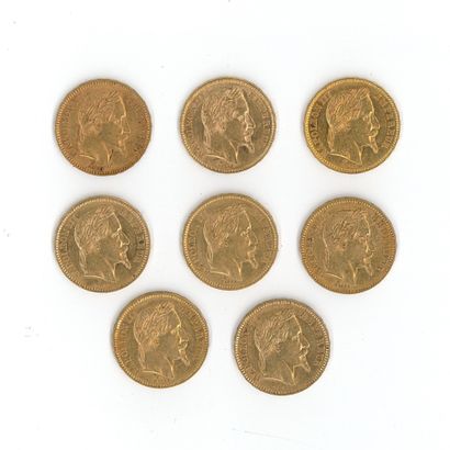 8 gold coins : 20 FF Napoléon III tête laurée...