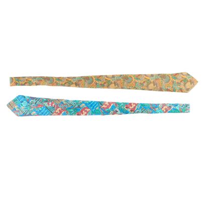 HERMES. 2 silk ties, dominant turquoise/...