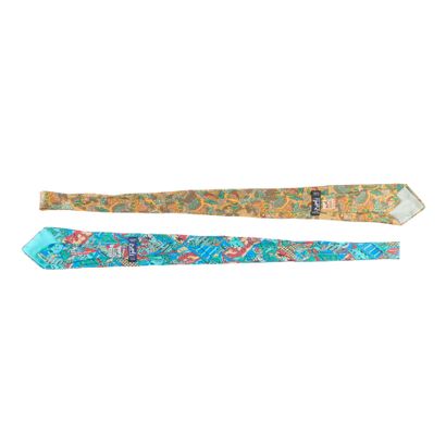 HERMES. 2 silk ties, dominant turquoise/...