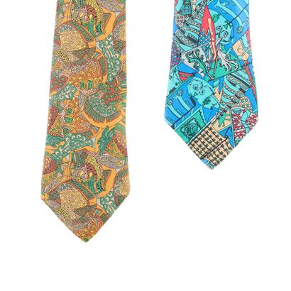 HERMES. 2 silk ties, dominant turquoise/...
