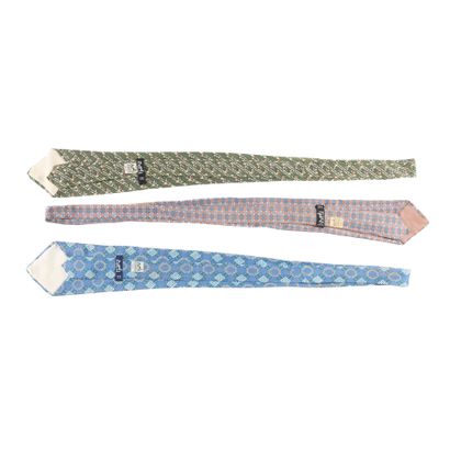 HERMES. 3 silk ties, dominant bronze/ blue/...