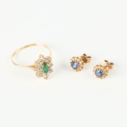 Gold jewelry set with small stones: ring...