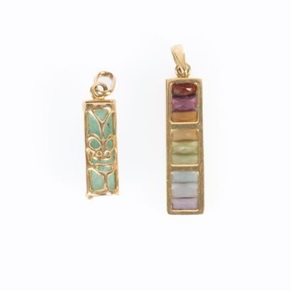 2 gold pendants: hardstone tiki and rainbow-set...