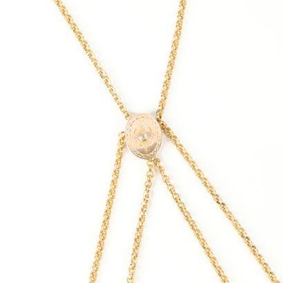 Gold long necklace, round mesh, oval clasp...