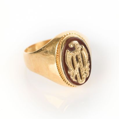 Gold and brown stone signet ring, monogrammed...