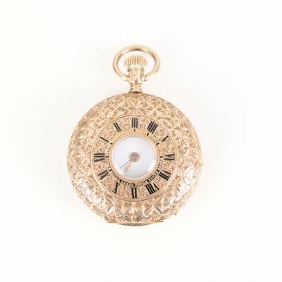 Engraved and enameled gold collar watch,...