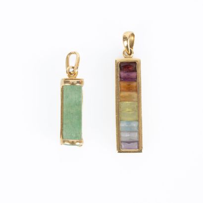 2 gold pendants: hardstone tiki and rainbow-set...