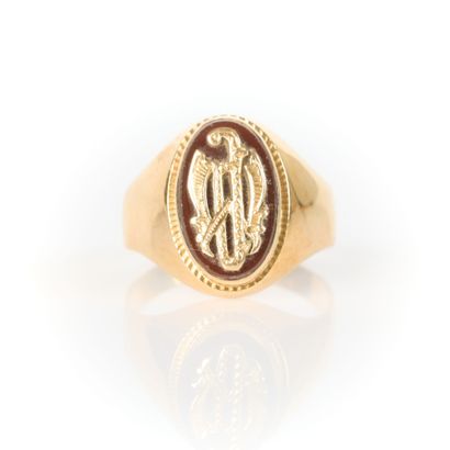 Gold and brown stone signet ring, monogrammed...
