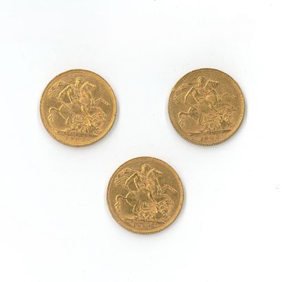3 monnaies en or : Souverain Edouard VII...