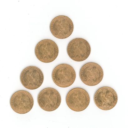 10 monnaies or : 20 FF Coq (1904 x 9, 1906...