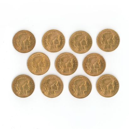 11 monnaies en or : 20 FF Coq (1904 x 2,...