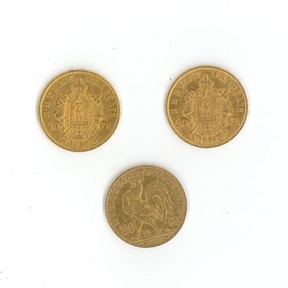 3 monnaies en or : 20 FF Napoléon III tête...