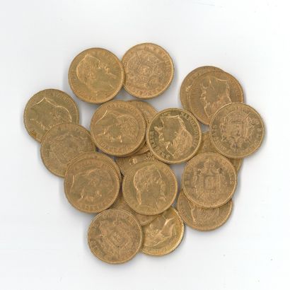 21 monnaies or : 20 FF Napoléon III tête...