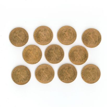 11 monnaies en or : 20 FF Coq (1904 x 2,...