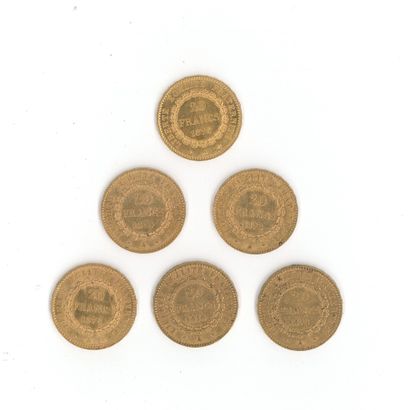 6 monnaies or : 20 FF Génie 1876 A